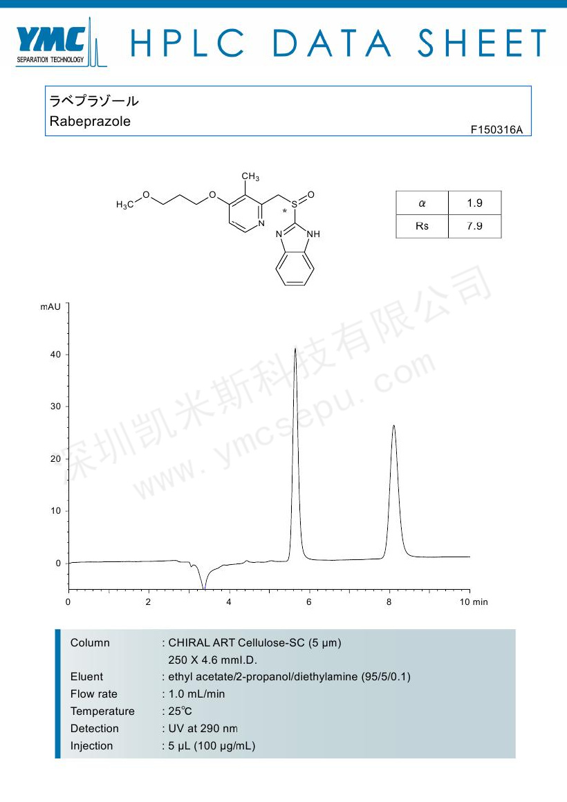 手性柱檢測(cè)雷貝拉唑的色譜圖